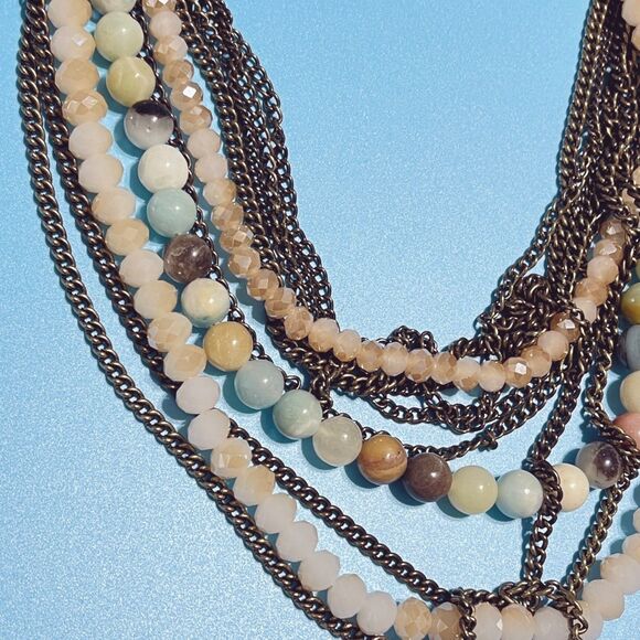 Multi-Strand Statement Necklace Gemstone Glass Beads Layered Chunky Antiqued - Picture 8 of 12